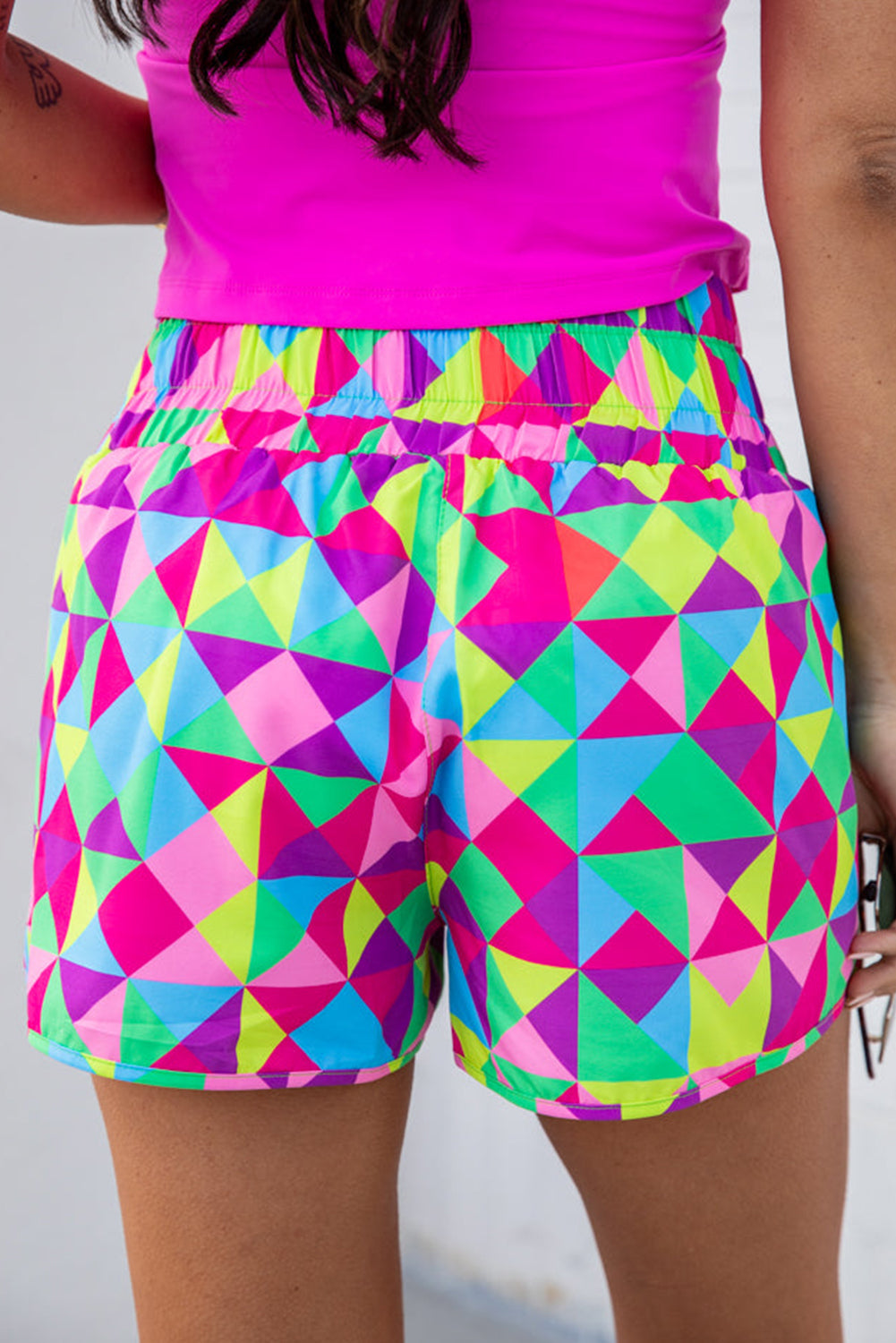 Abstract Print Smocked High Waisted Athletic Shorts