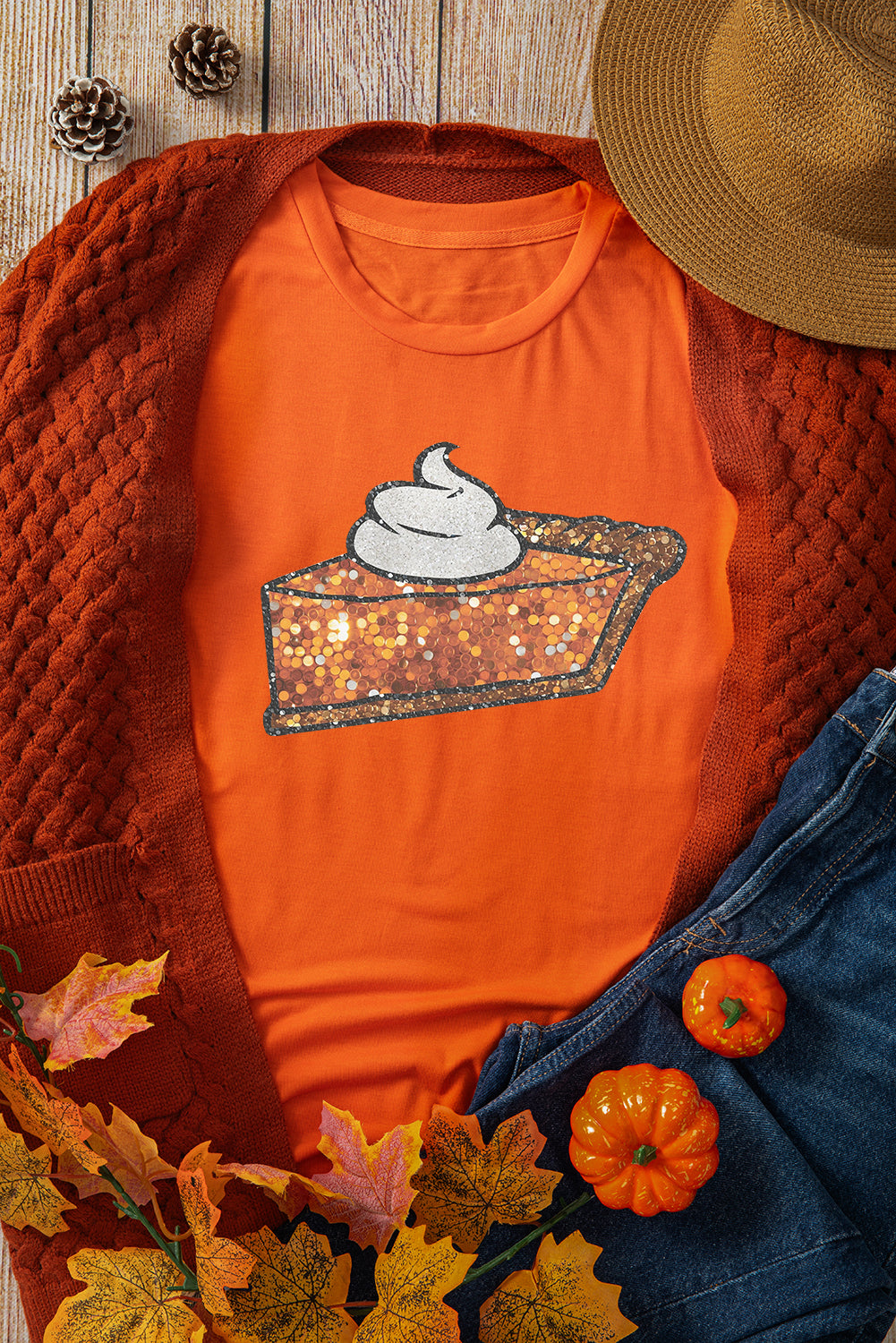 Sweet As Pumpkin Pie Graphic Cuffed Sleeve Crew Neck Tee