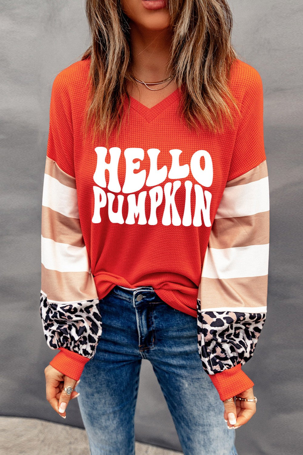 Hello Pumpkin V-Neck Long Sleeve Top