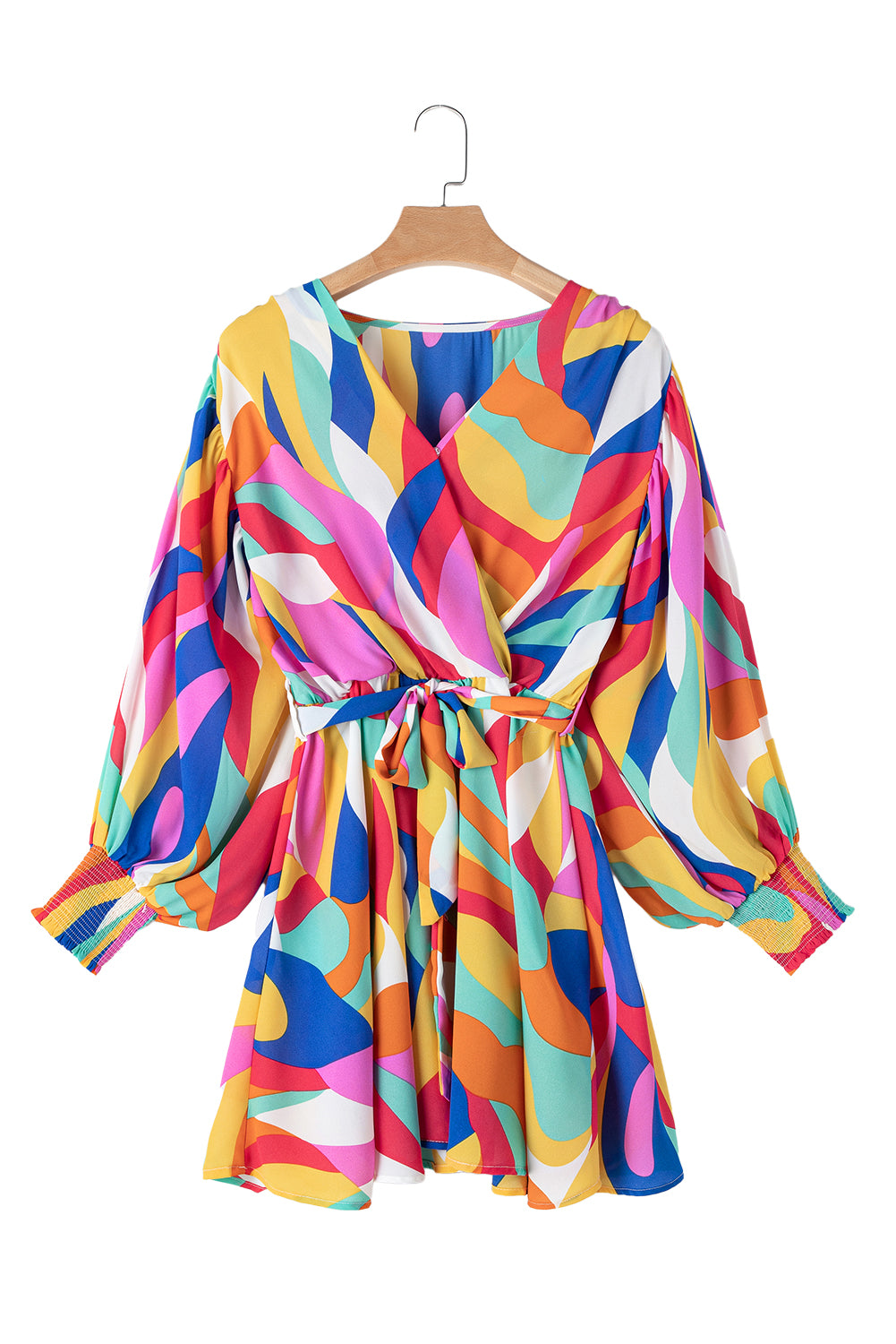 Multicolor Abstract Printed Belted Puff Sleeve Mini Dress