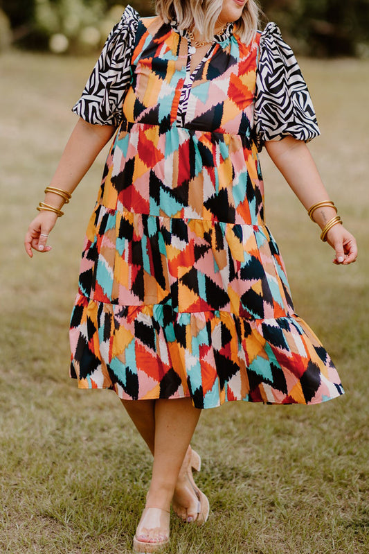 Pink Abstract Print Contrast Puff Sleeve Tiered Dress