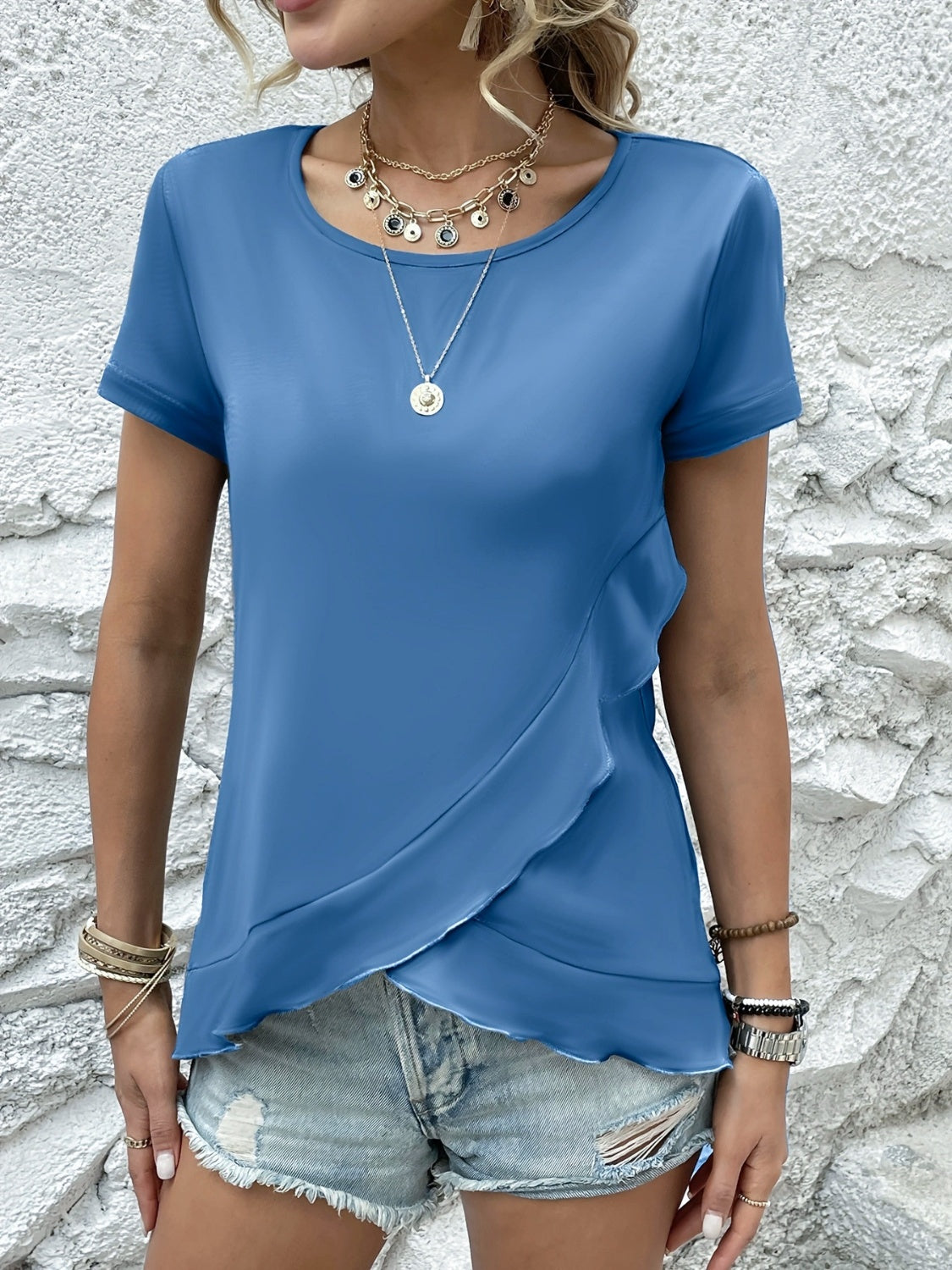 Ruffled Round Neck Short Sleeve Top