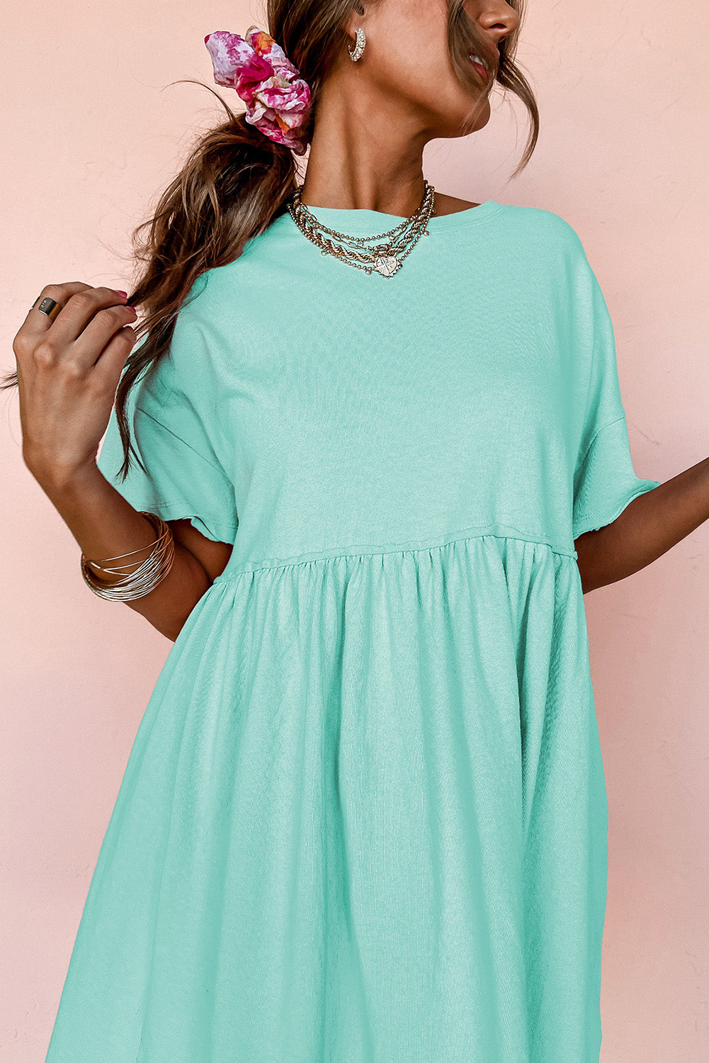 Solid Color Pocketed Raw Edge Babydoll Dress