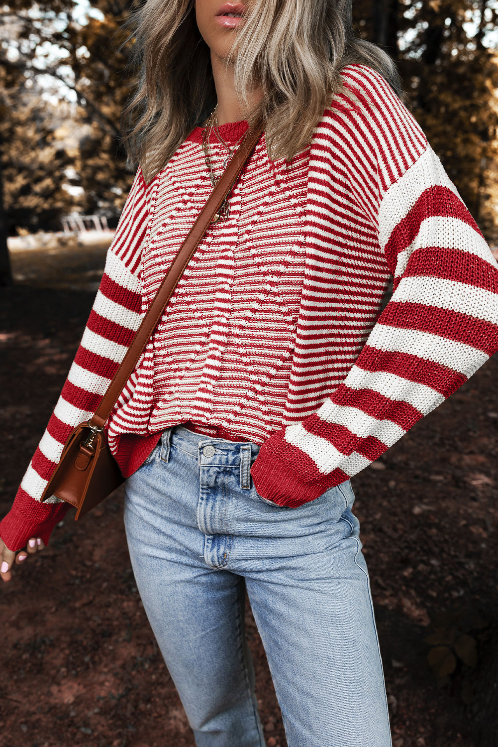 Striped Textured Drop Shoulder Sweater