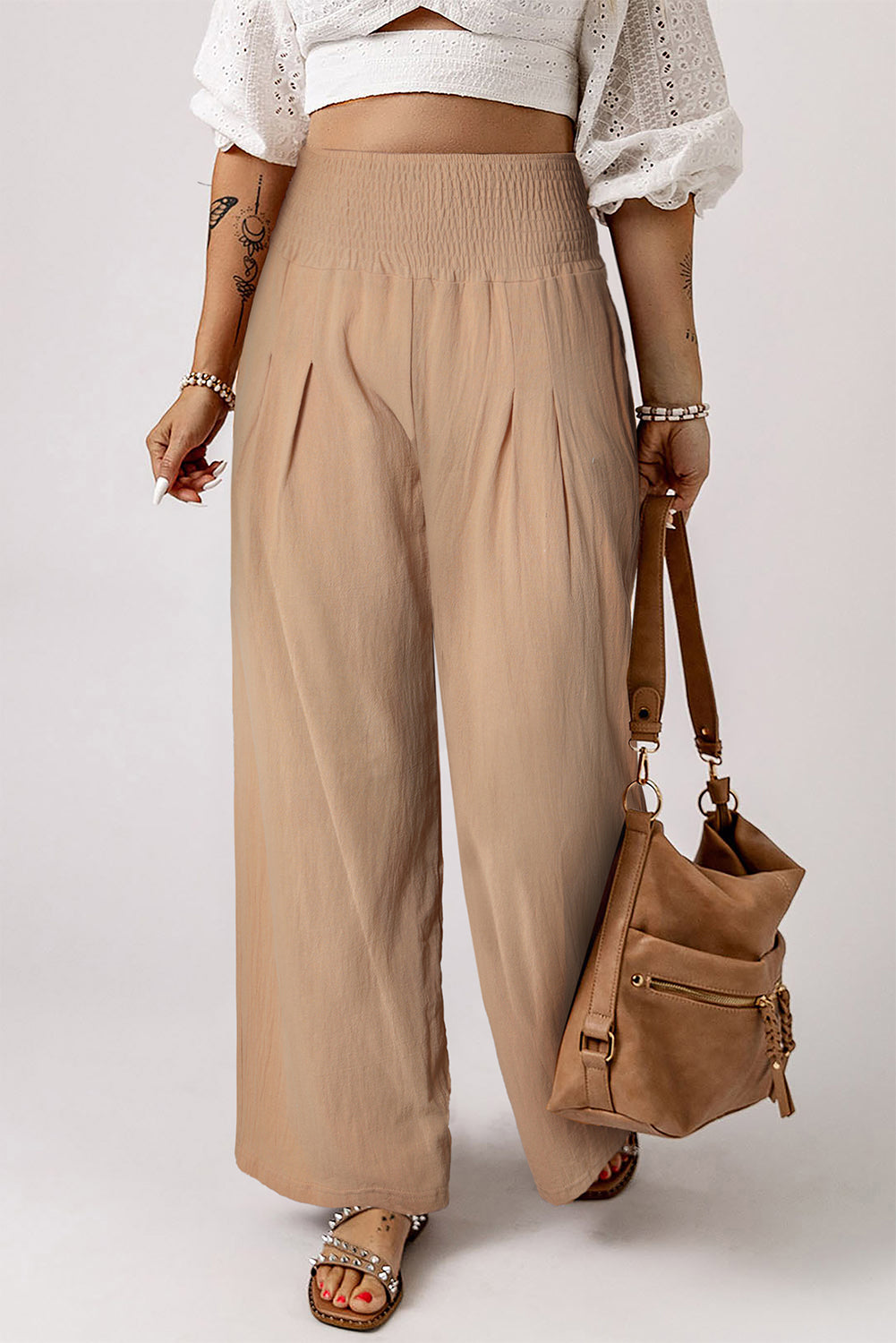 Smocked Wide Waistband High Waist Wide Leg Pants