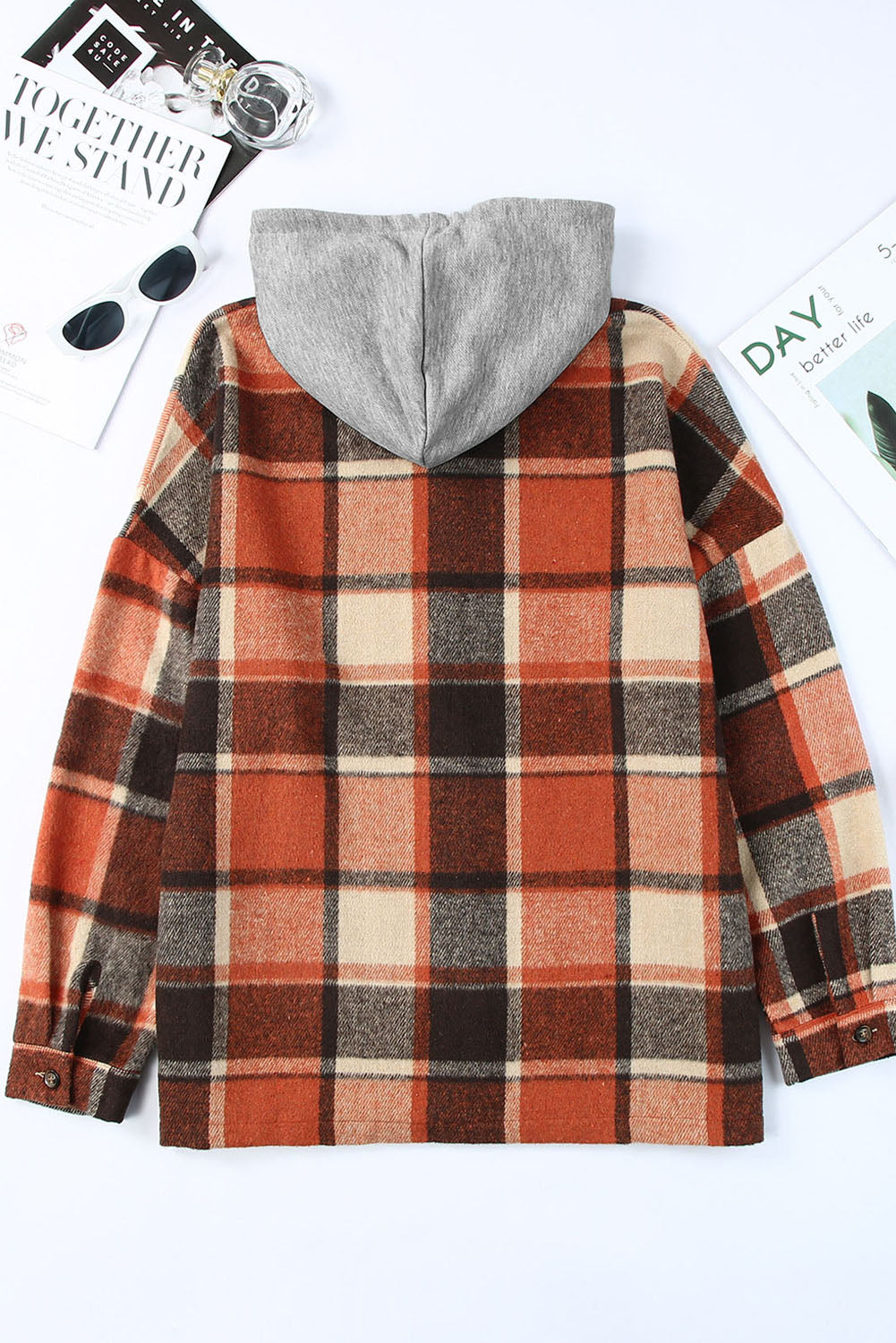 Fiery Red Hooded Plaid Button Front Shacket