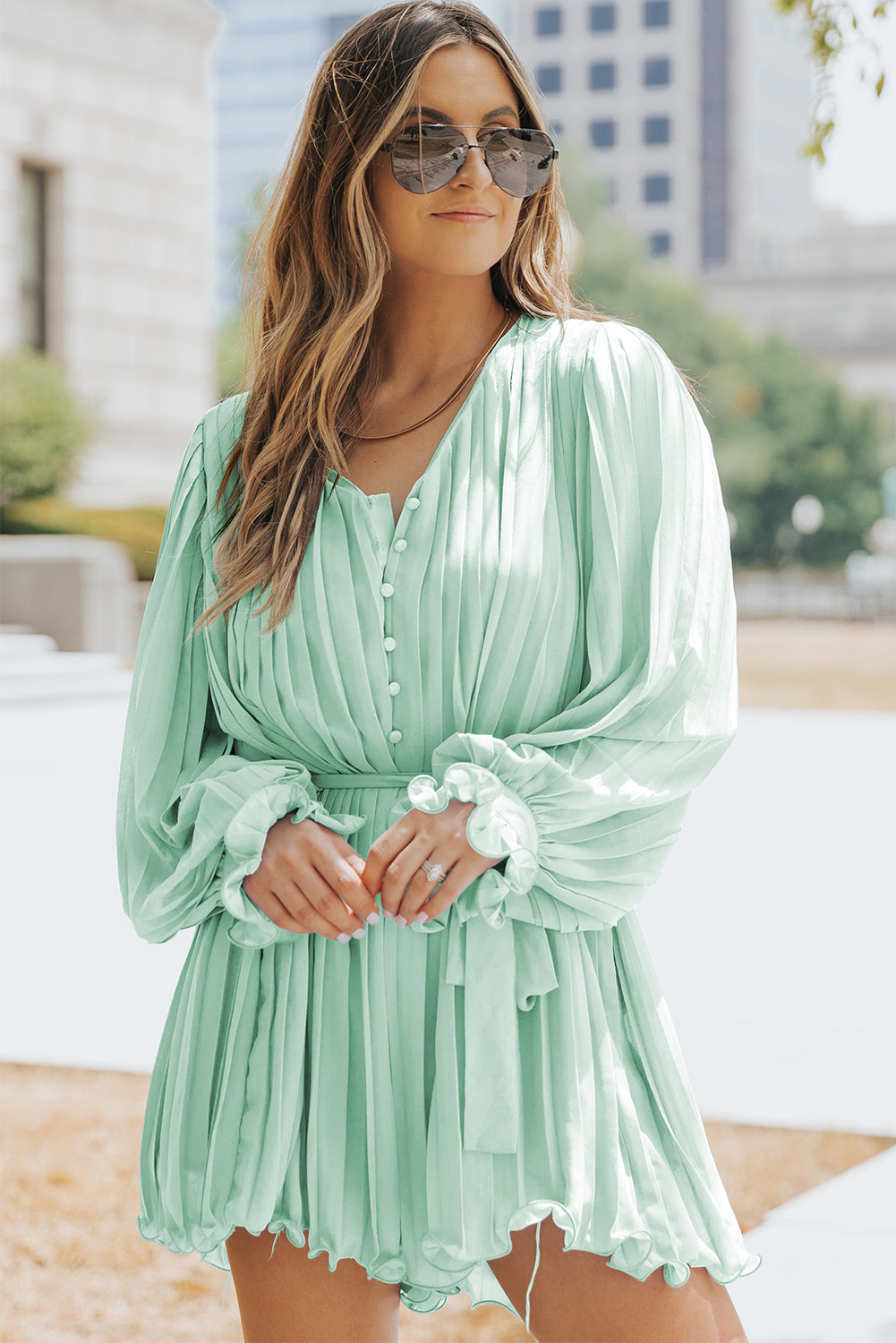 Sky Blue Pleated Ruffled Tie Waist Buttons V Neck Romper