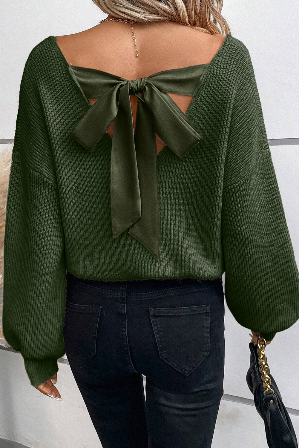 Oh So Sweet! Lantern Sleeve V Neck Knot Back Sweater