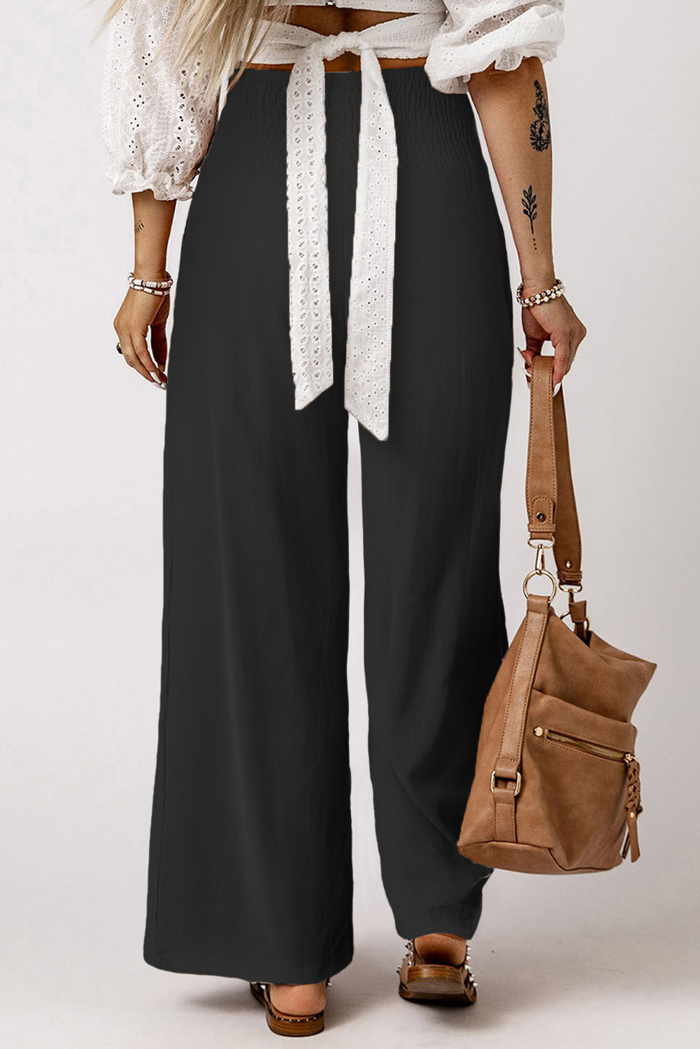 Smocked Wide Waistband High Waist Wide Leg Pants