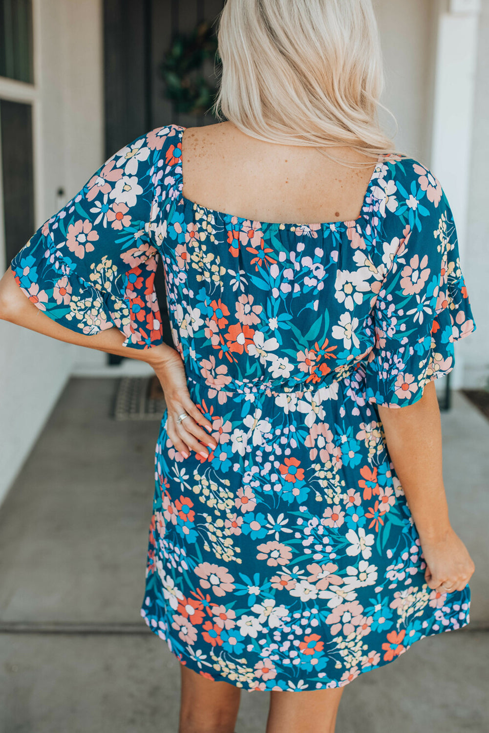 Dark Blue Bohemian Floral Print Off Shoulder Short Dress