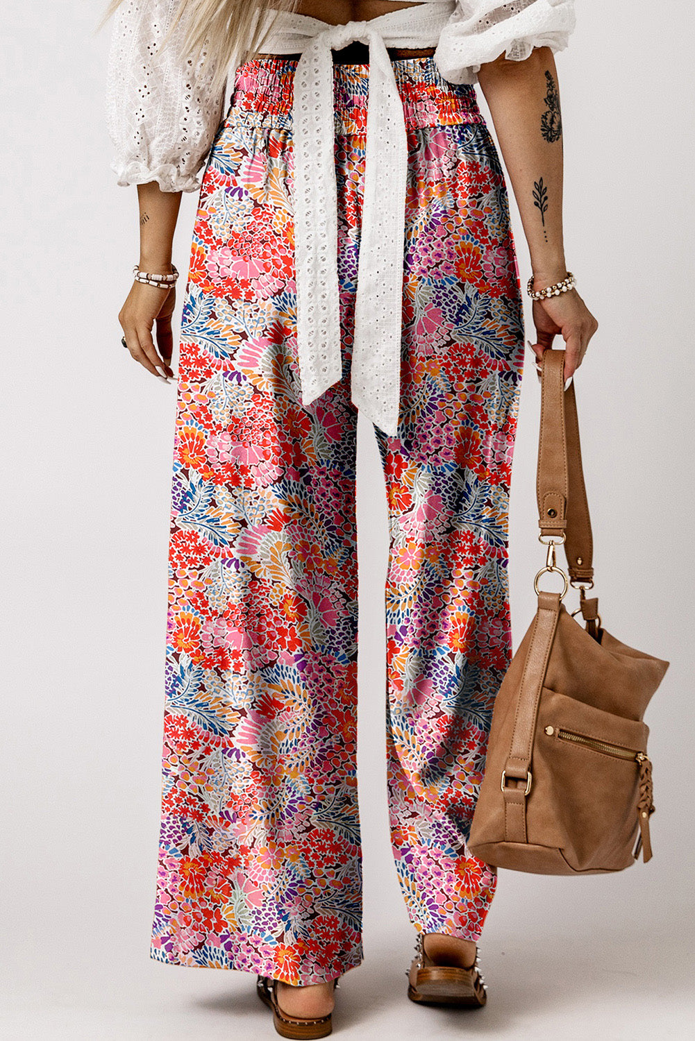 Gorgeous Floral Print Drawstring Smocked High Waist Pants