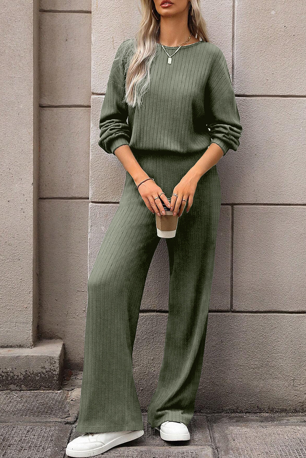 Solid Ribbed Knit Keyhole Back High Waist Jumpsuit