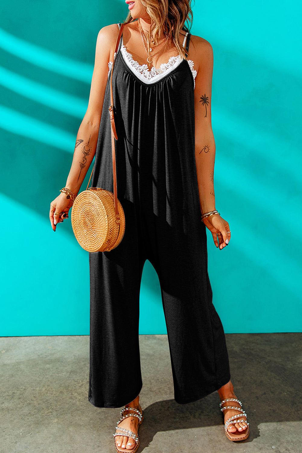 Black Spaghetti Straps Wide Leg Pocketed Jumpsuits