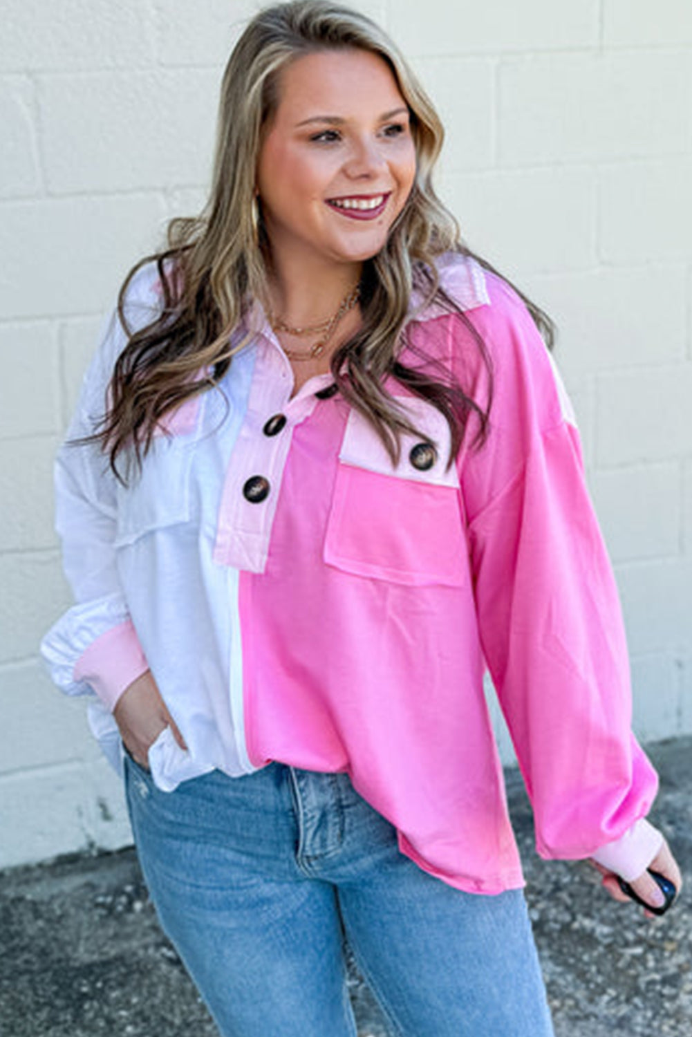 Bonbon Color Block Chest Pockets Half Button shirt