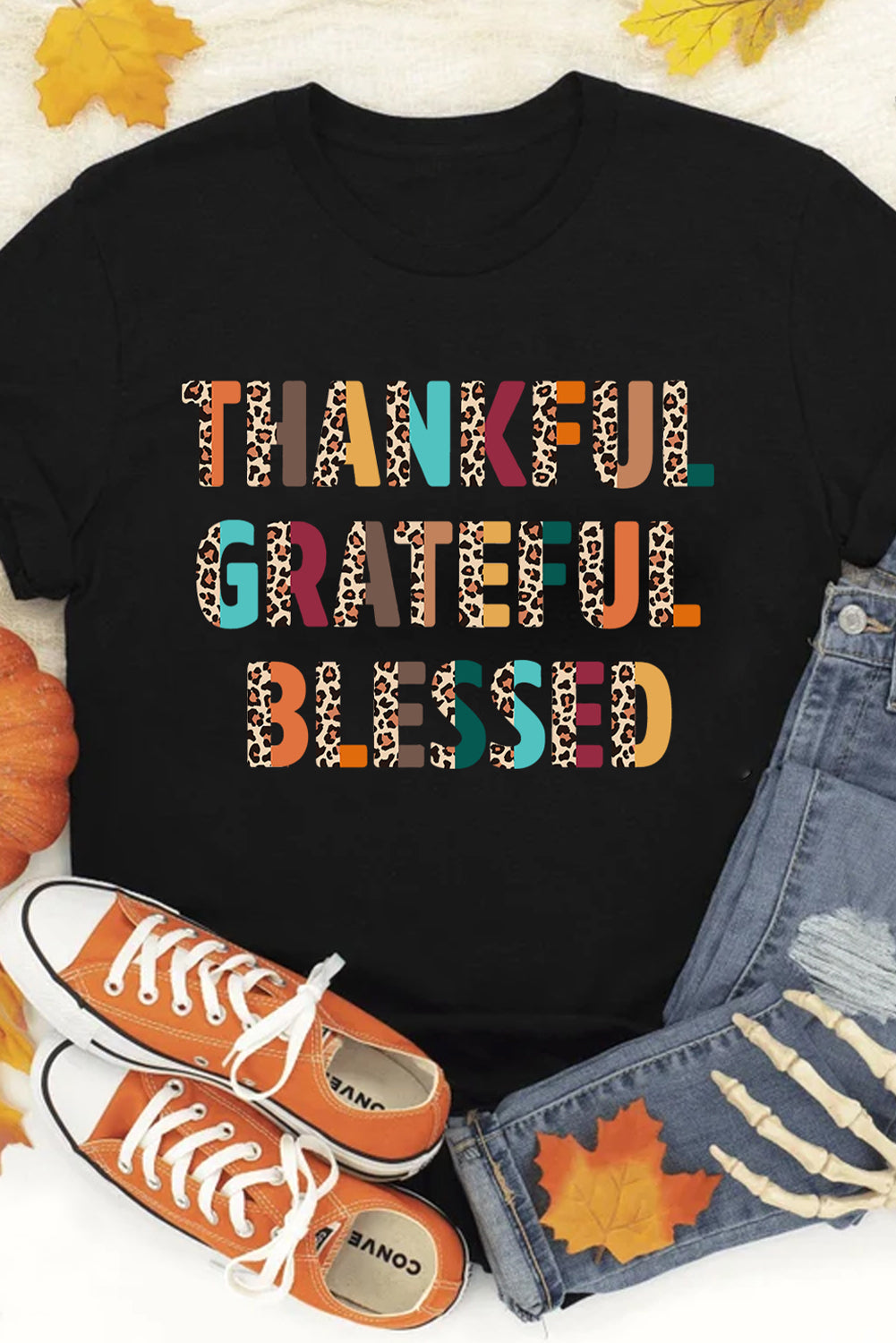 Black THANKFUL GRATEFUL BLESSED Thanksgiving Graphic Tee