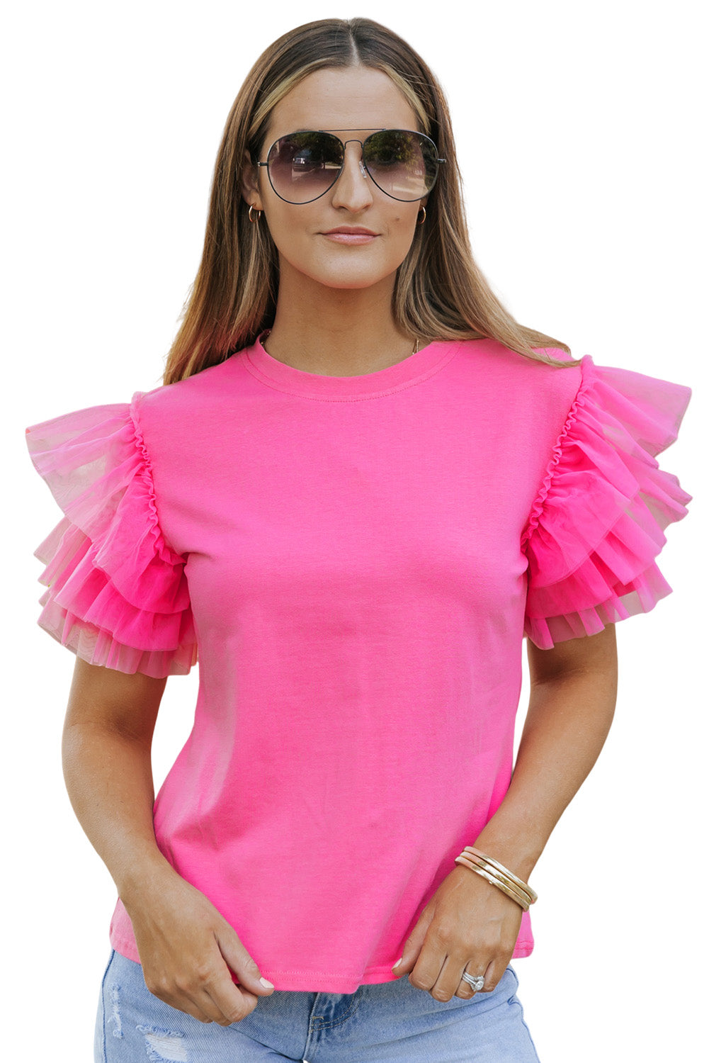 Be My Lover - Tulle Round Neck Ruffle Sleeve Blouse