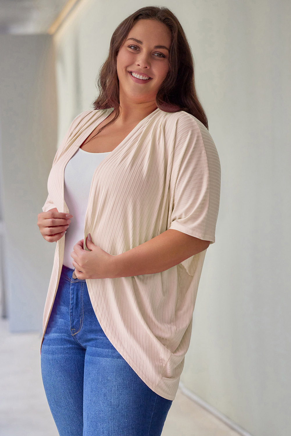 Purple Shimmer Ribbed Texture Plus Size Cardigan