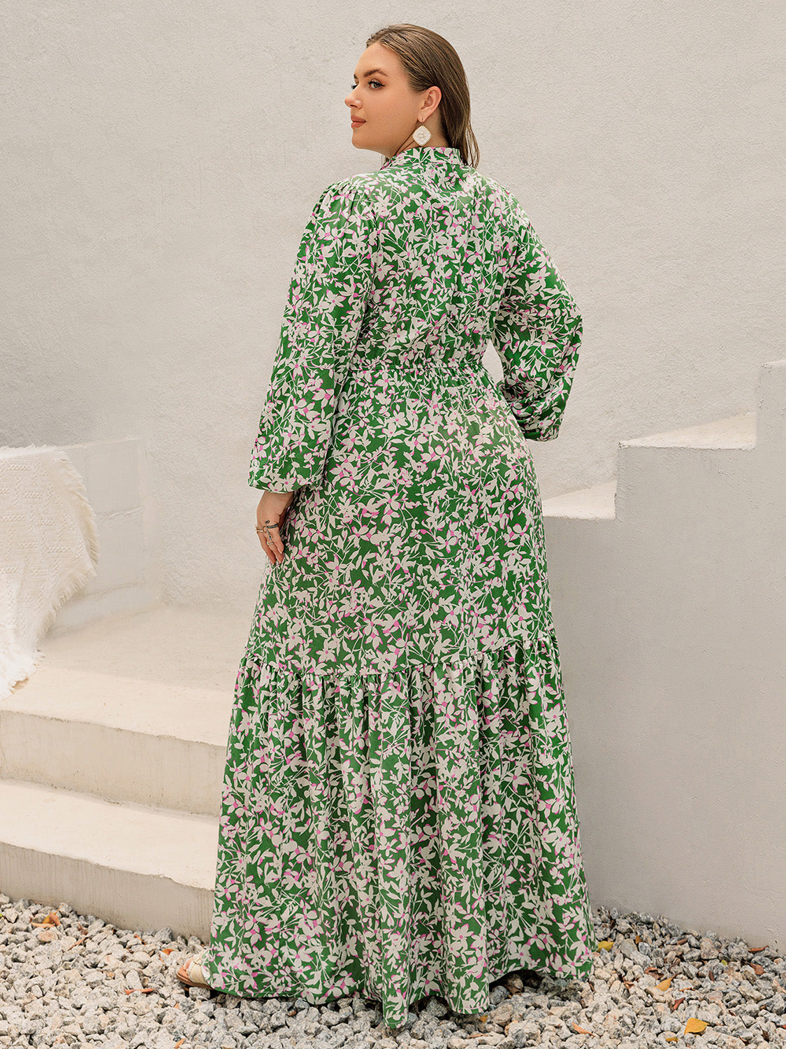 Printed Notched Long Sleeve Maxi Dress