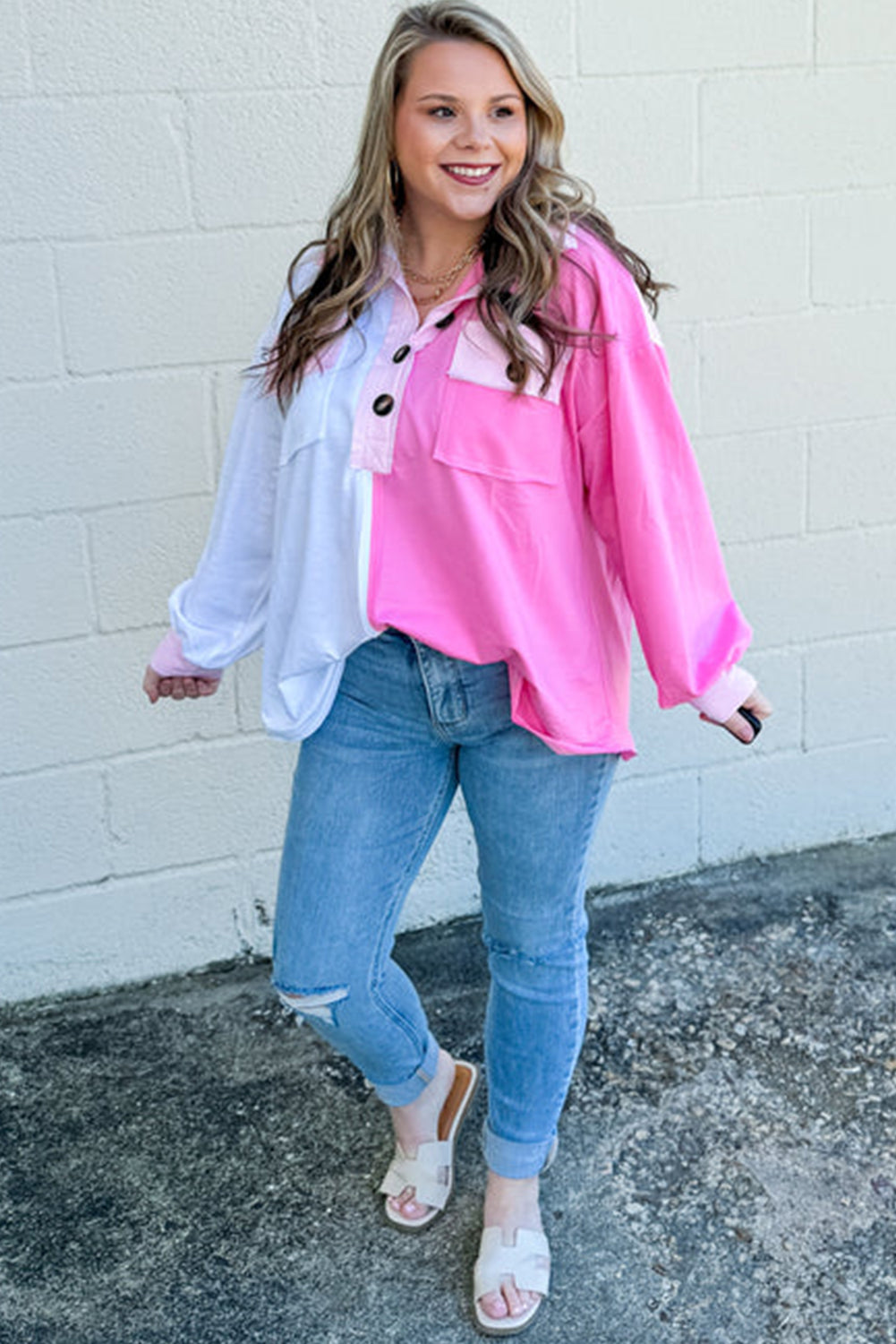 Bonbon Color Block Chest Pockets Half Button shirt