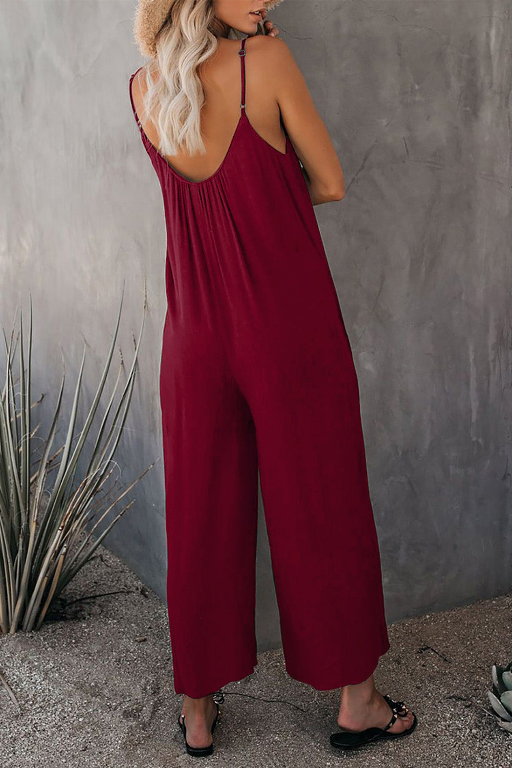 Black Spaghetti Straps Wide Leg Pocketed Jumpsuits