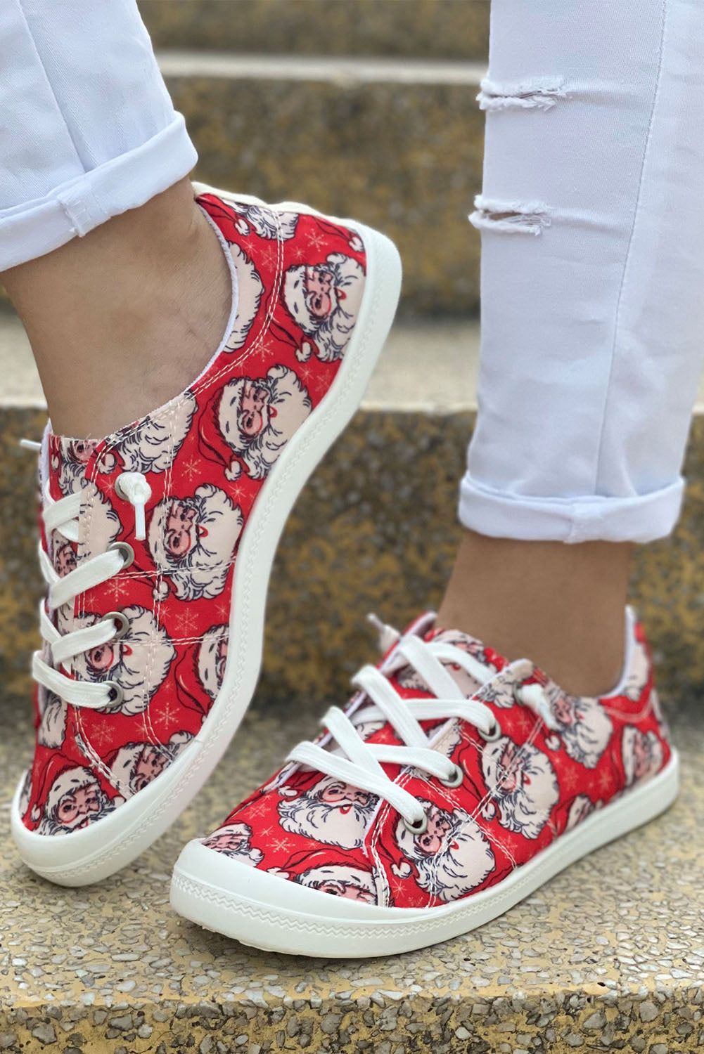 Christmas Santa Print Lace Up Flat Sneakers