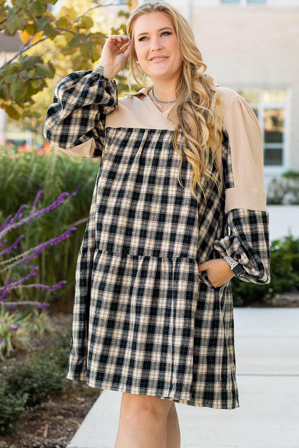 Black Plaid Waffle Knit Patchwork Collared V Neck Dress