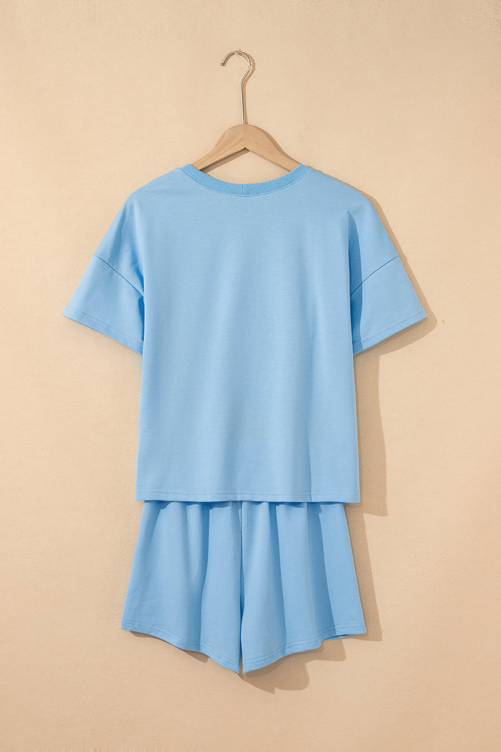 V Neck Drop Shoulder Tee and Patchwork Drawstring Shorts Set