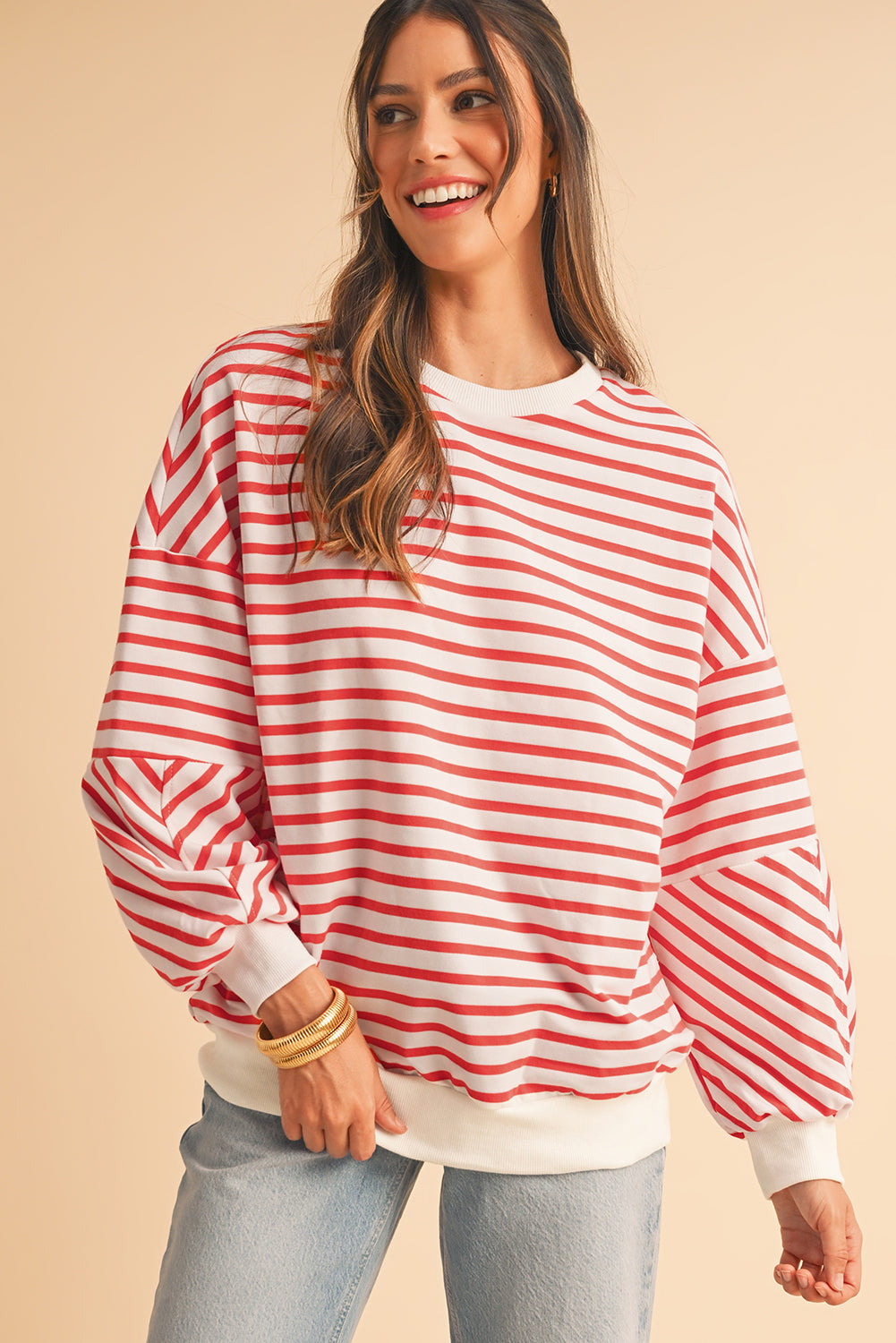 Blue Stripe Drop Shoulder Crew Neck Loose Sweatshirt