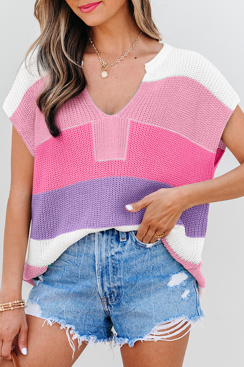 Pink Color Block Notch V Neck T Shirt