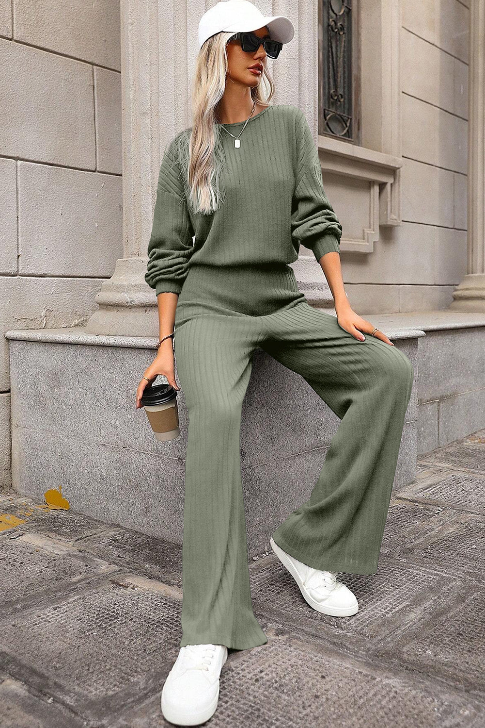 Solid Ribbed Knit Keyhole Back High Waist Jumpsuit