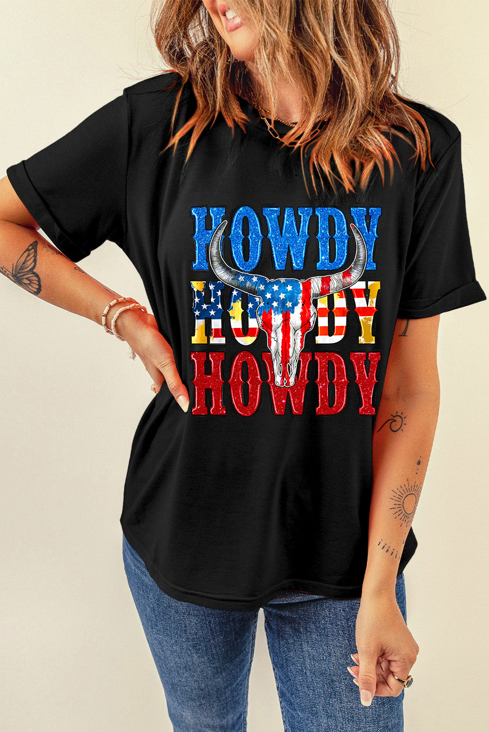 Black HOWDY American Flag Steer Head Graphic Crewneck Tee