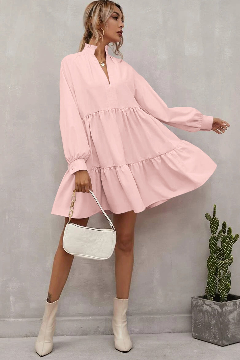 Casual Stand V Neck Short Frill Dress