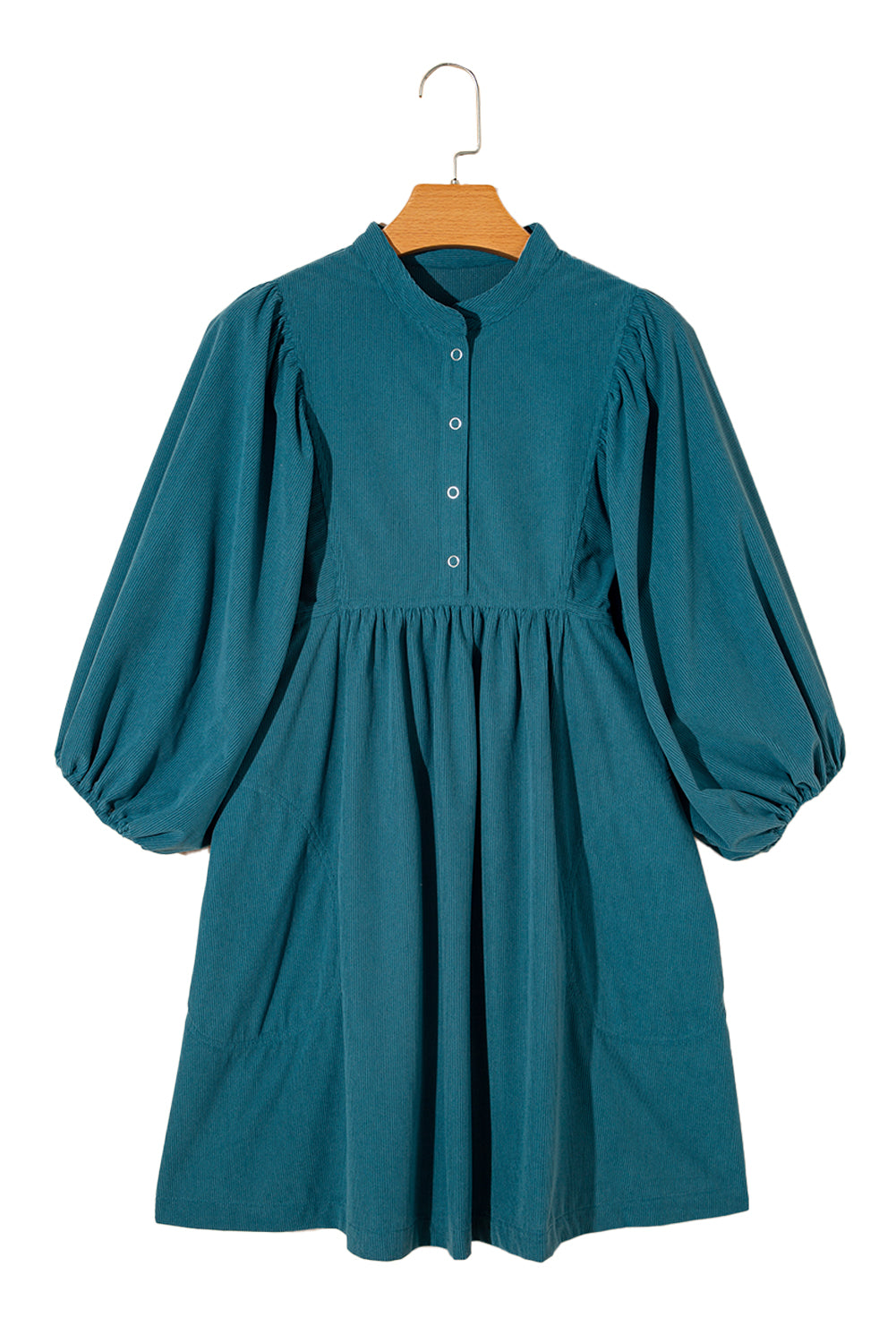 Vineyard Green Snap Button Empire Waist Lantern Sleeve Corduroy Dress