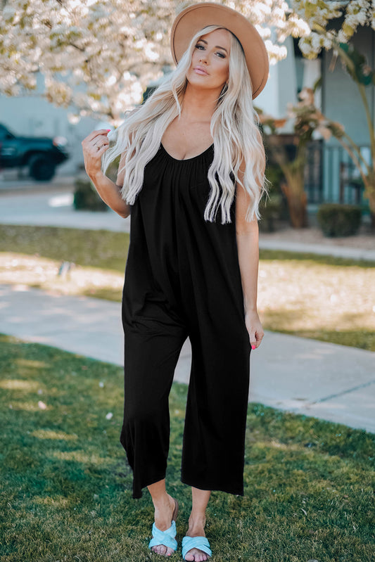 Black Spaghetti Straps Wide Leg Pocketed Jumpsuits