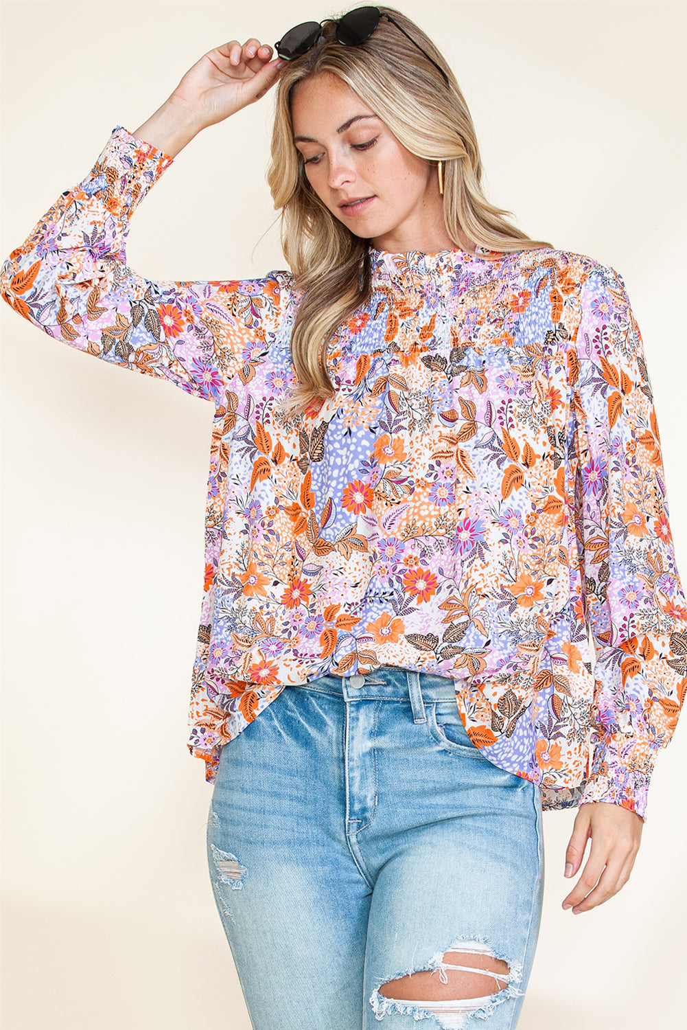 Multicolor Boho Floral Print Bishop Sleeve Smocked Blouse