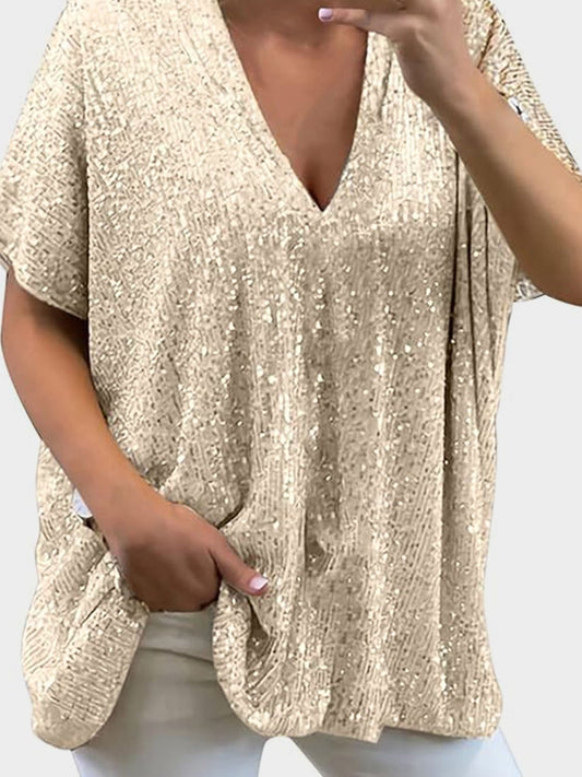 Sequin V-Neck Short Sleeve Top