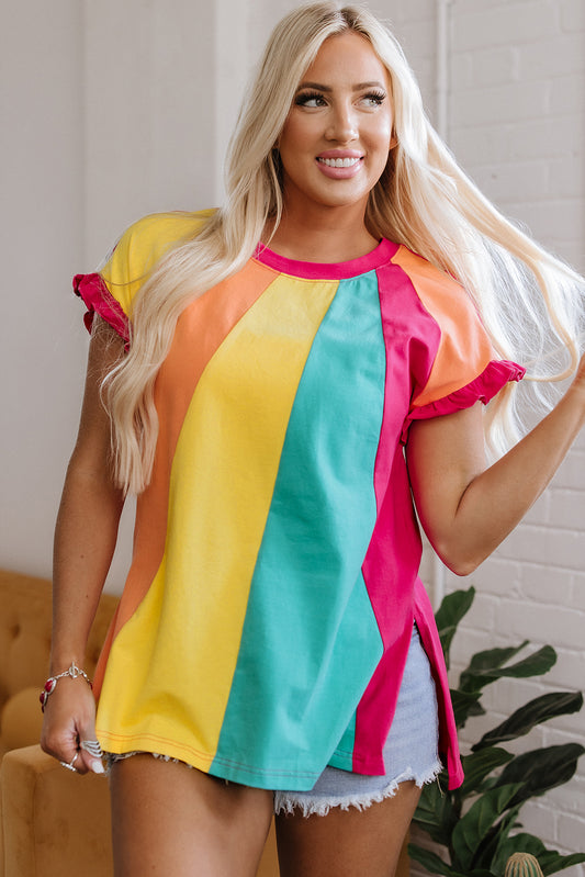 Color Block Ruffled Crew Neck Loose Fit T Shirt