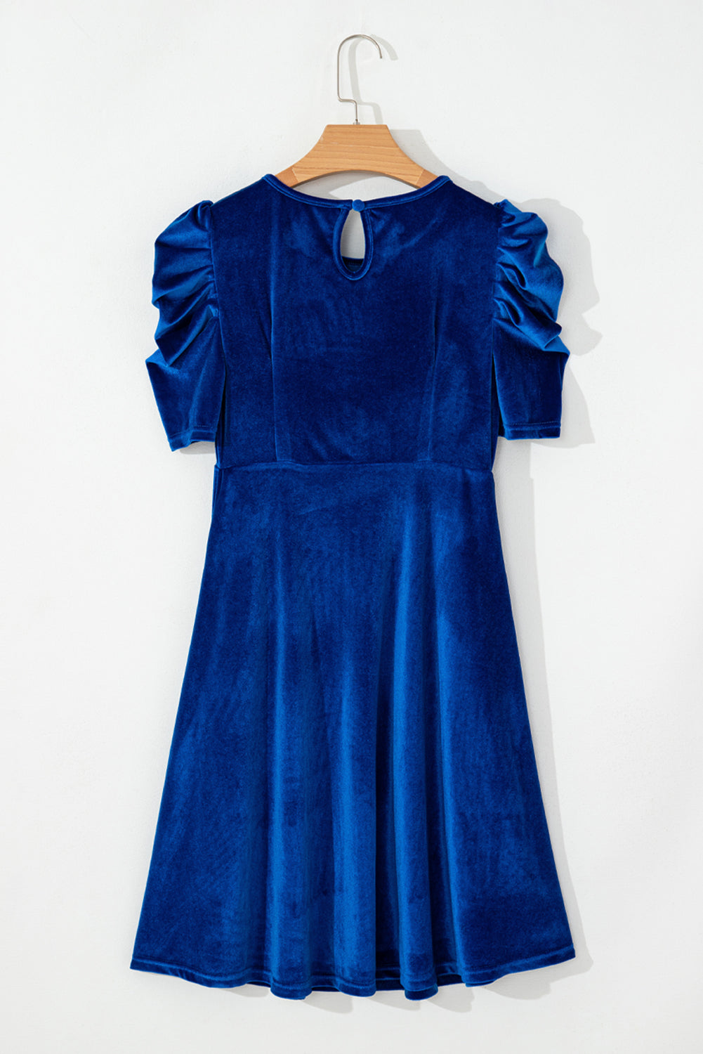 Sail Blue Velvet Ruched Short Sleeve Pocketed Mini Dress