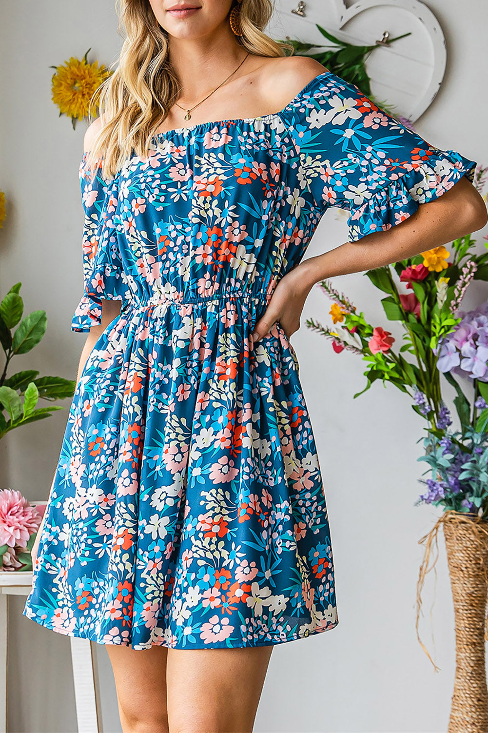 Dark Blue Bohemian Floral Print Off Shoulder Short Dress