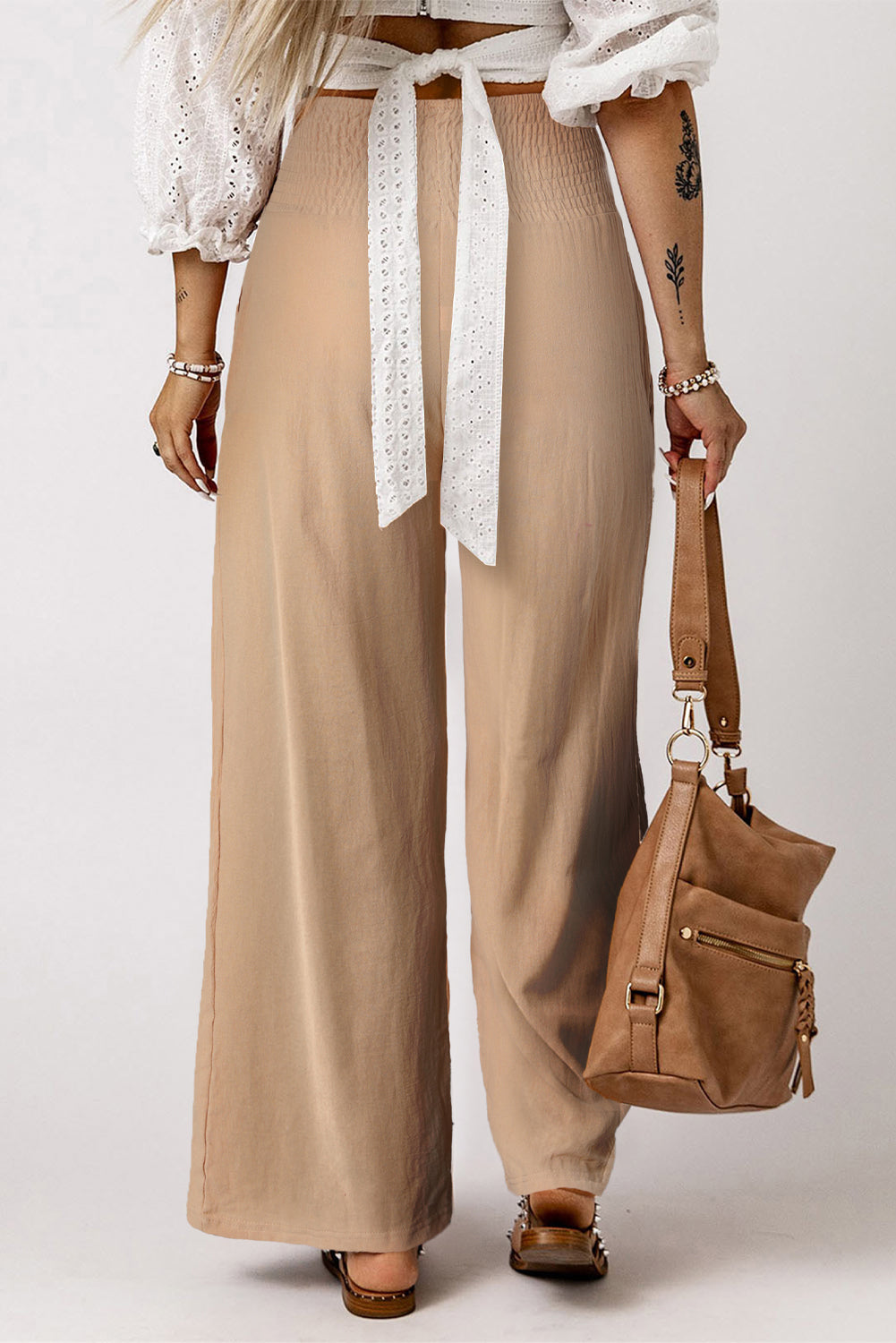 Smocked Wide Waistband High Waist Wide Leg Pants