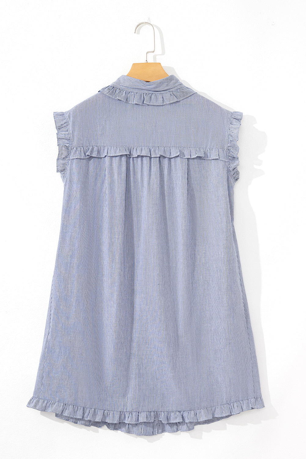 Stripe Frilled Sleeveless Collar Front Pocket Button Up Mini Dress