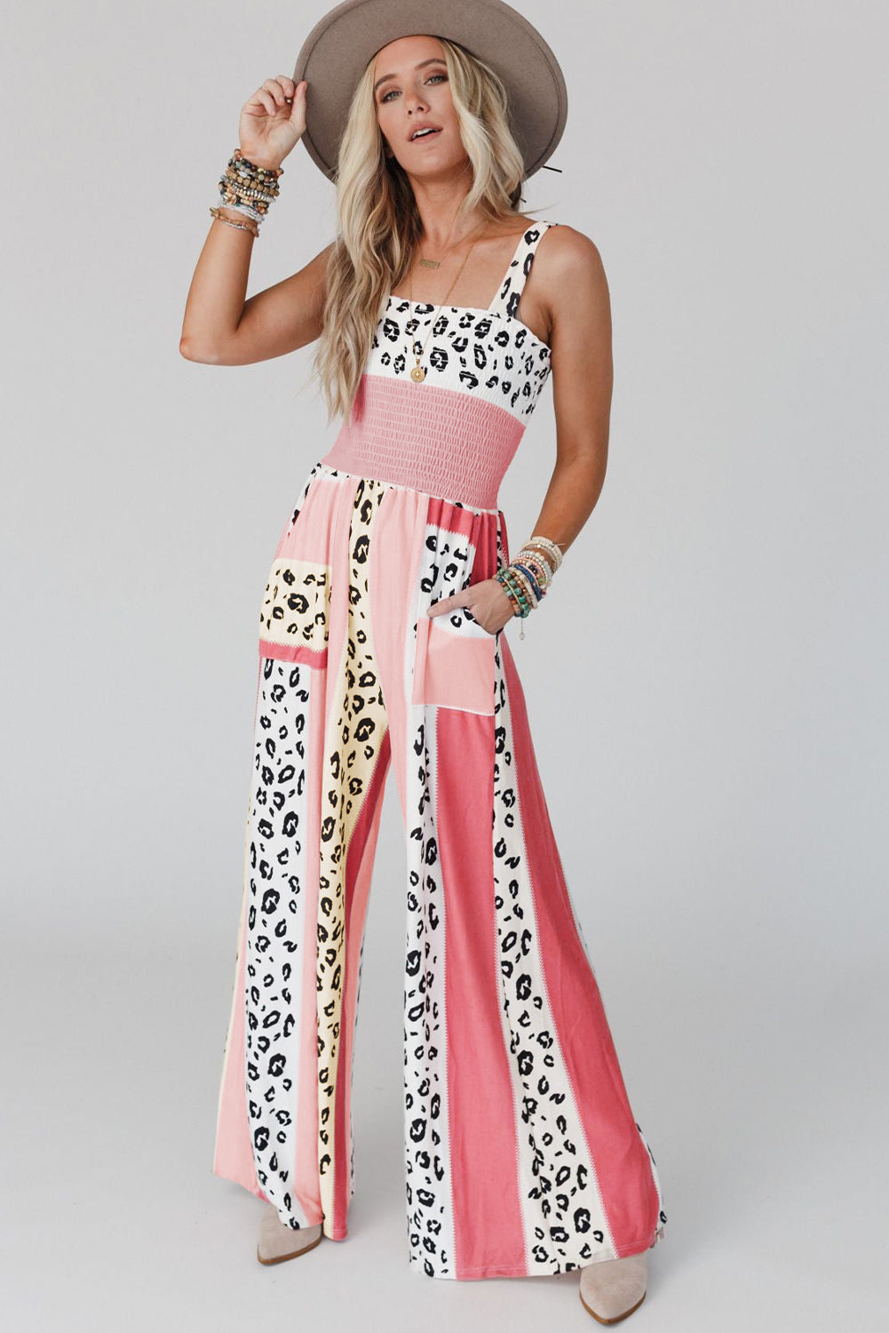 Pink Leopard Color Block Mix Print Pocketed Jumpsuit