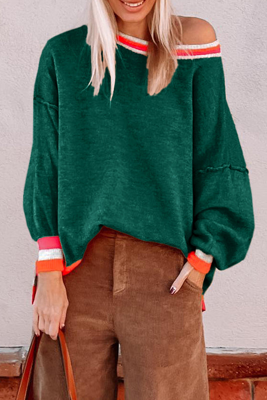 Blackish Green Striped Trim Drop Shoulder Sweater