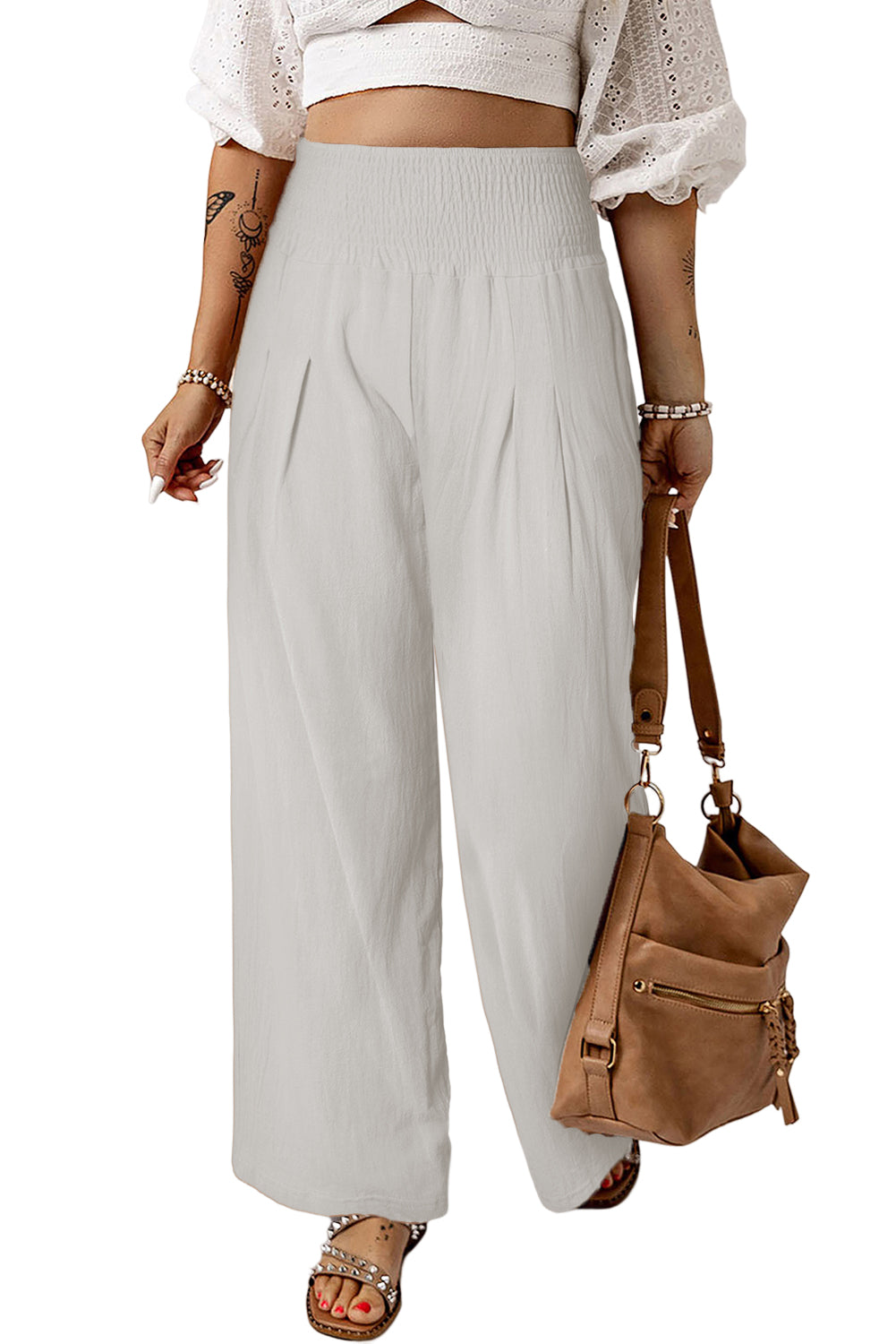 Smocked Wide Waistband High Waist Wide Leg Pants