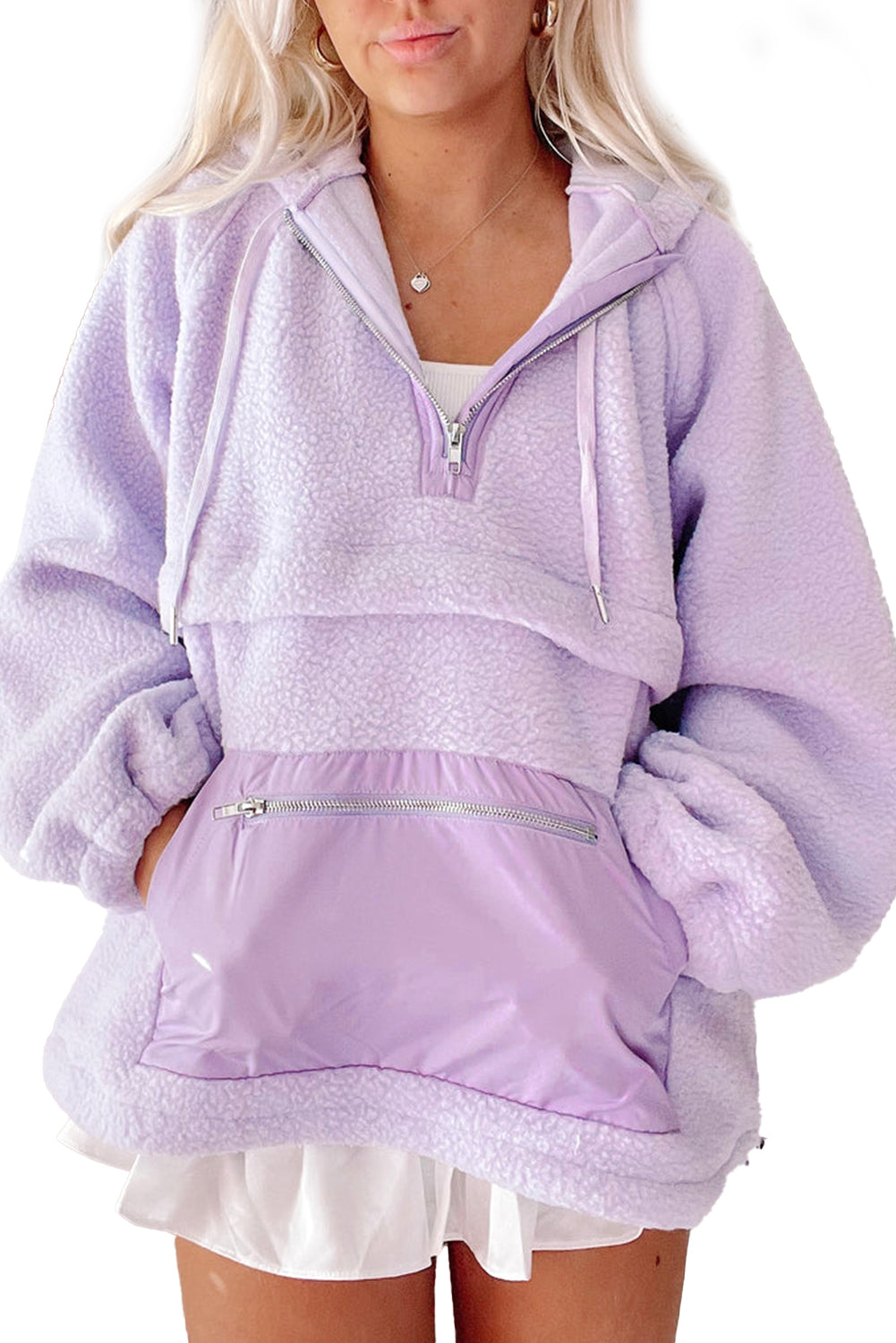 Lavendula Zipped Patch Pocket Fuzzy Drawstring Hoodie