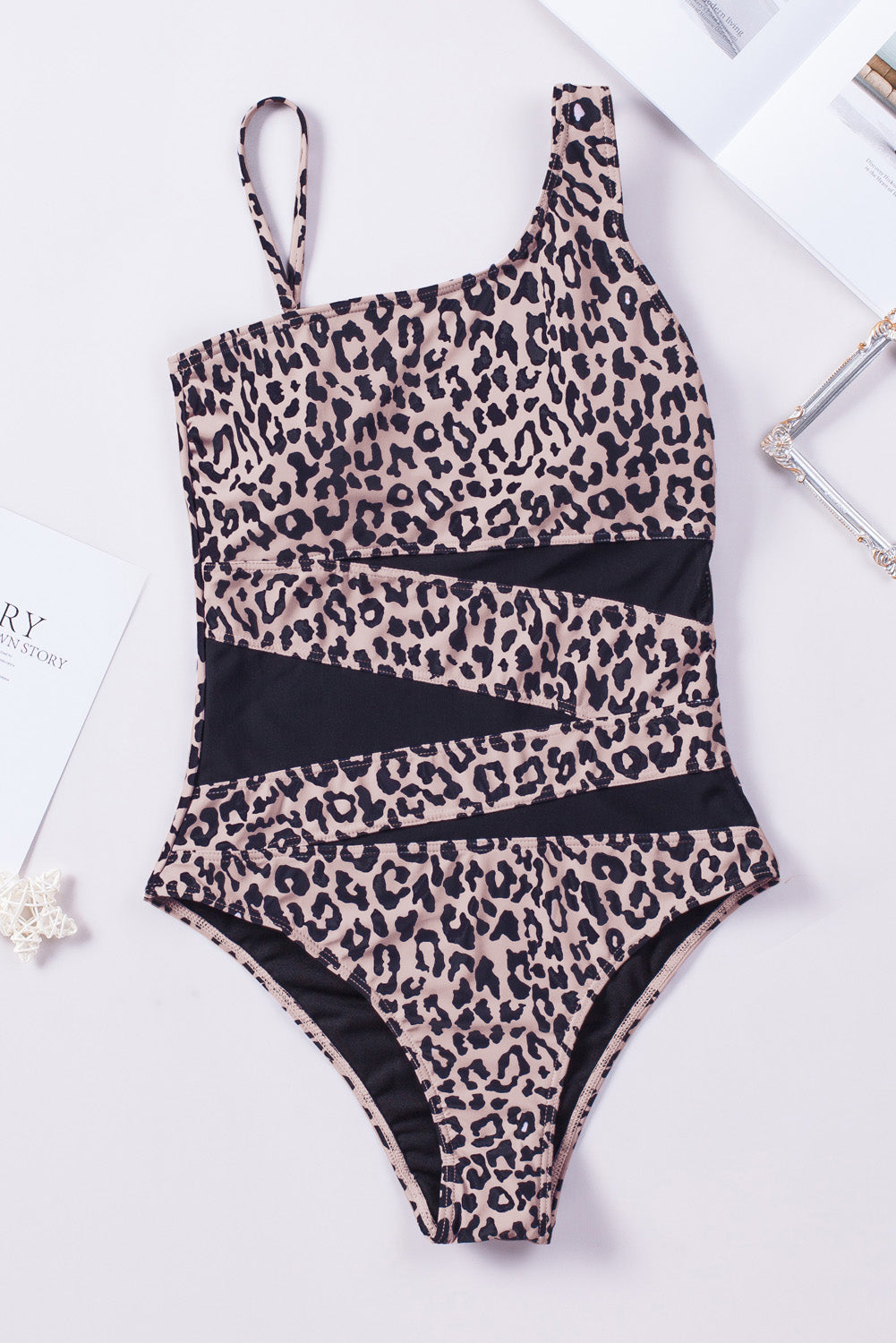 Leopard One-shoulder Mesh Cutouts Monokini