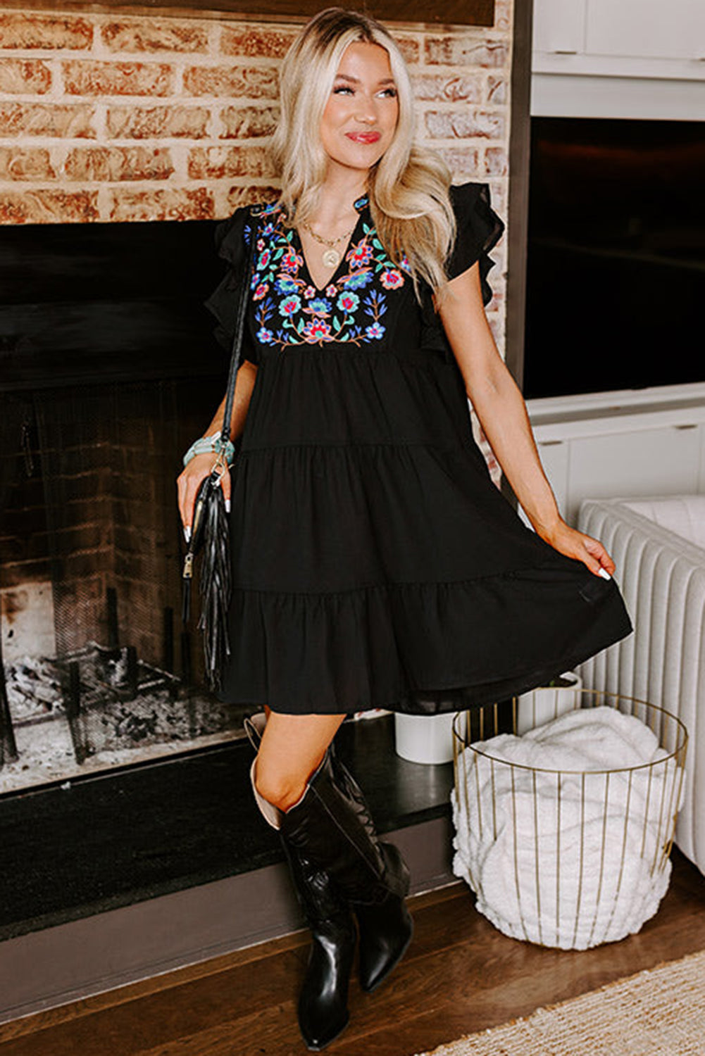 Black Floral Embroidered Tiered Ruffled Mini Dress