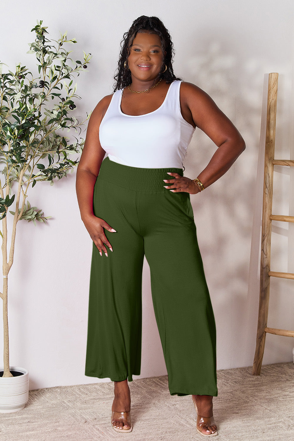 Double Take Smocked Wide Waistband Wide Leg Pants