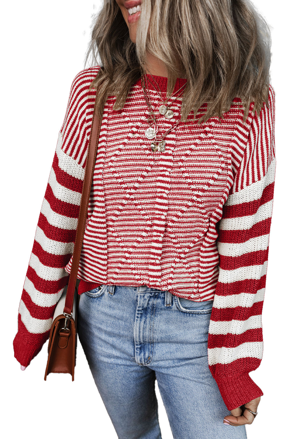 Striped Textured Drop Shoulder Sweater