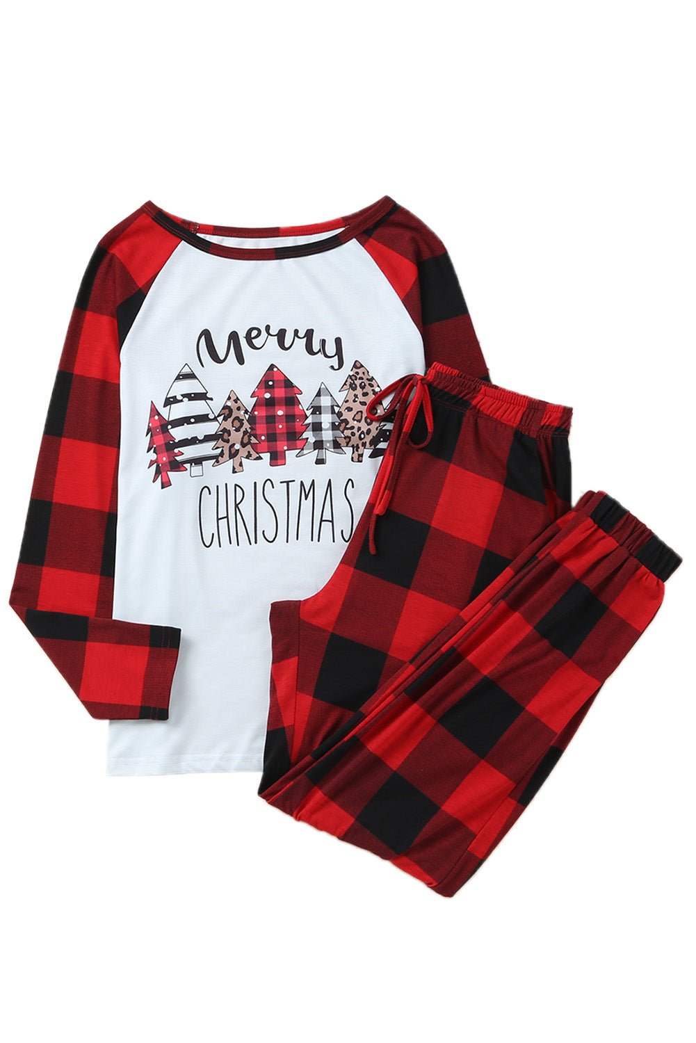 Fiery Red Plaid Merry Christmas Graphic Loungewear Set